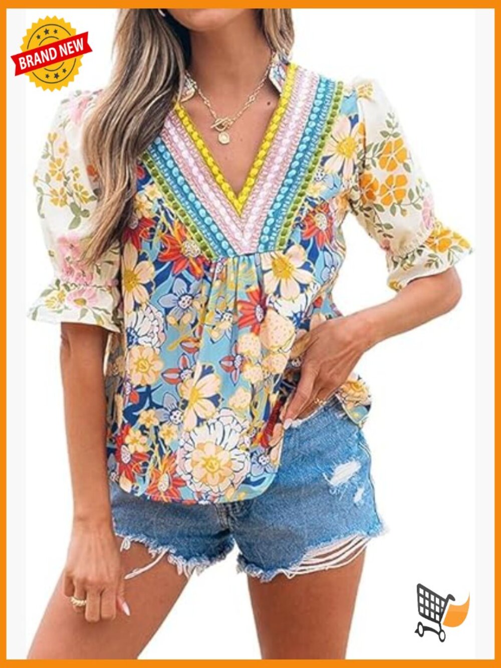 Women's Floral V-Neck Puff Sleeve Boho Babydoll Top